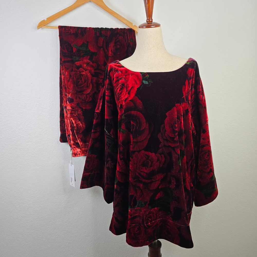Soft Surroundings Aria Velvet Wide Leg Pants Top Set Romantic Roses Red XL NWT